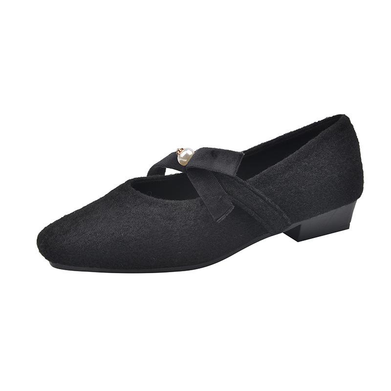 

Mary Jane shoes with velvet warm round head and shallow mouth with skirt knot pearl shoes 35 чёрный