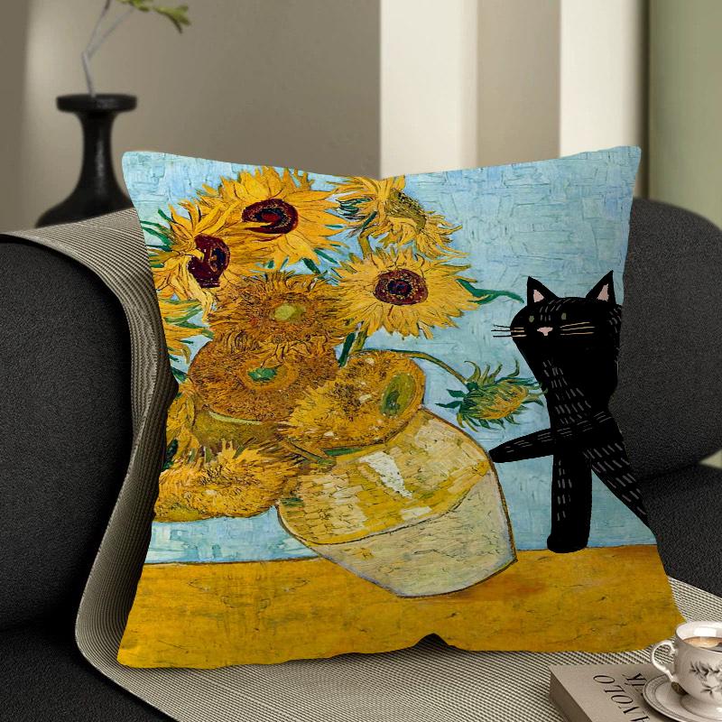 Monet Black Cat Van Gogh Sunflowers Pillowcases Home Bedding Decorative Pillow Cover Wedding Super Soft Pillow Case