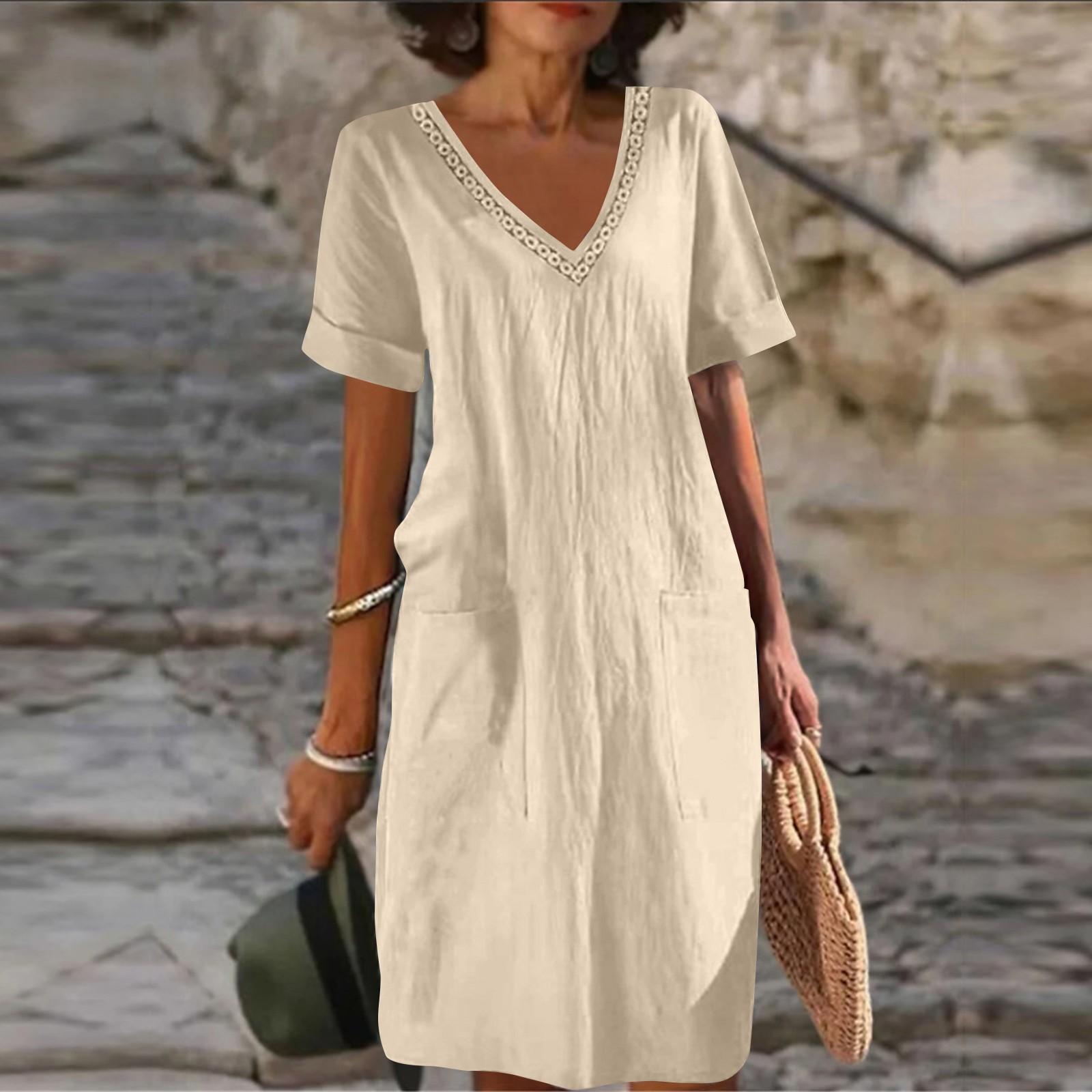 

V-Neck Short Sleeved Cotton Linen Color Medium Length Dress For Women S бежевый