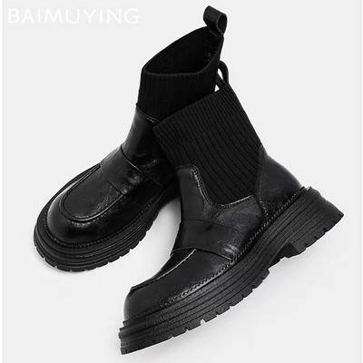 Women Platform Women Snow Ankle Boots Mid Heels Shoes Designer Knitting New Sock Boots  Trend Winter Chunky Botas De Mujer