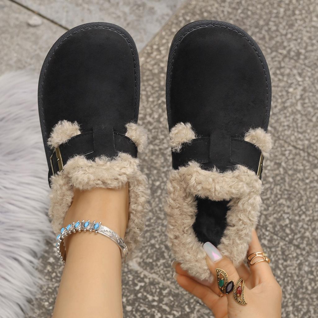 2025 Fashion Autumn Winter Plush Buckle Warm Cotton Slippers Casual Large New Hair Half Slipper Cotton Shoes Women Snow Boots