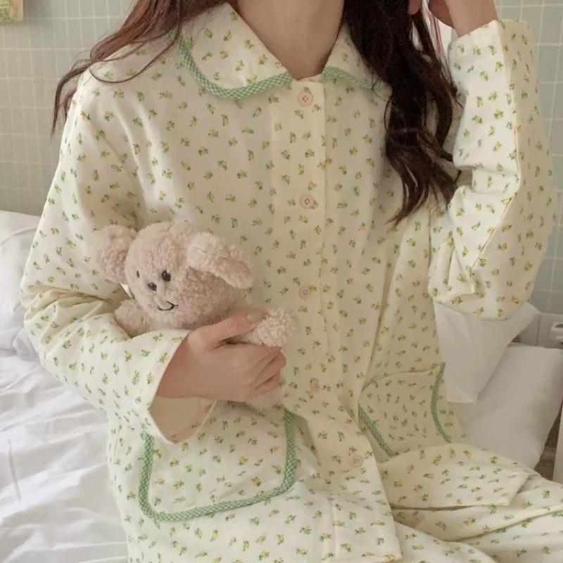 

Весенне-осенний женский пижамный комплект для украшения дома, японская сладкая цветочная пижама, осенне-зимний женский досуг, свободный комплект для украшения дома M зелёный