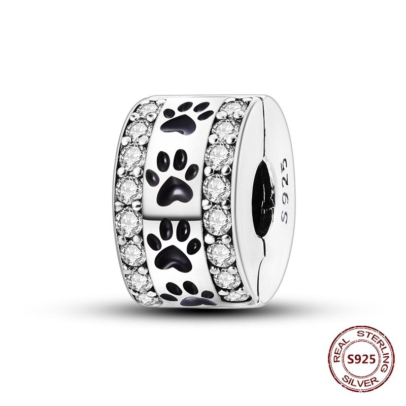 Copper Original Dog Cat Safety Chain Lazy Cat Pink Zircon Pet Paw Print Footprint Charms Fit Bracelet For Women Diy Jewelry