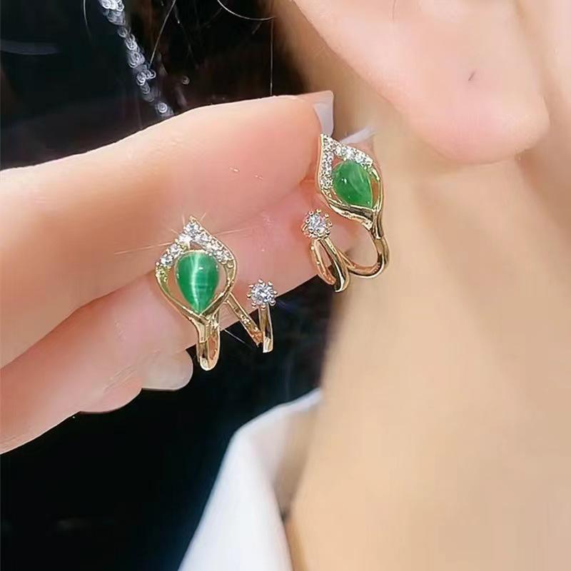 Náušnice s jehlou ze stříbra S925 s kočičím okem a perlou, dlouhé s mašličkou - Retro a všestranný styl pro ženy