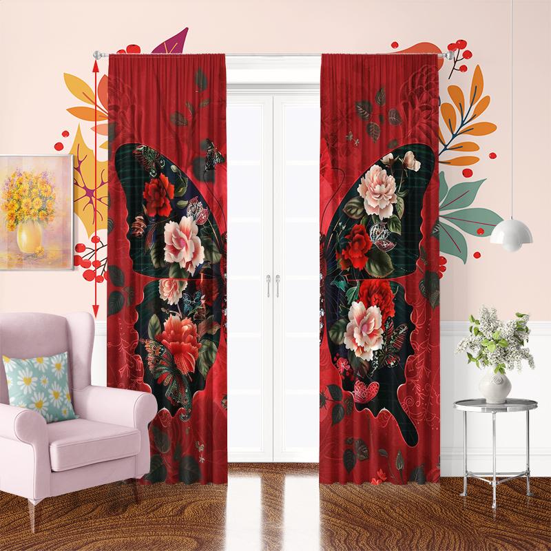 2PCS- Red butterfly - printed curtain, -100% polyester material, suitable for bedroom curtains and living room decoration.