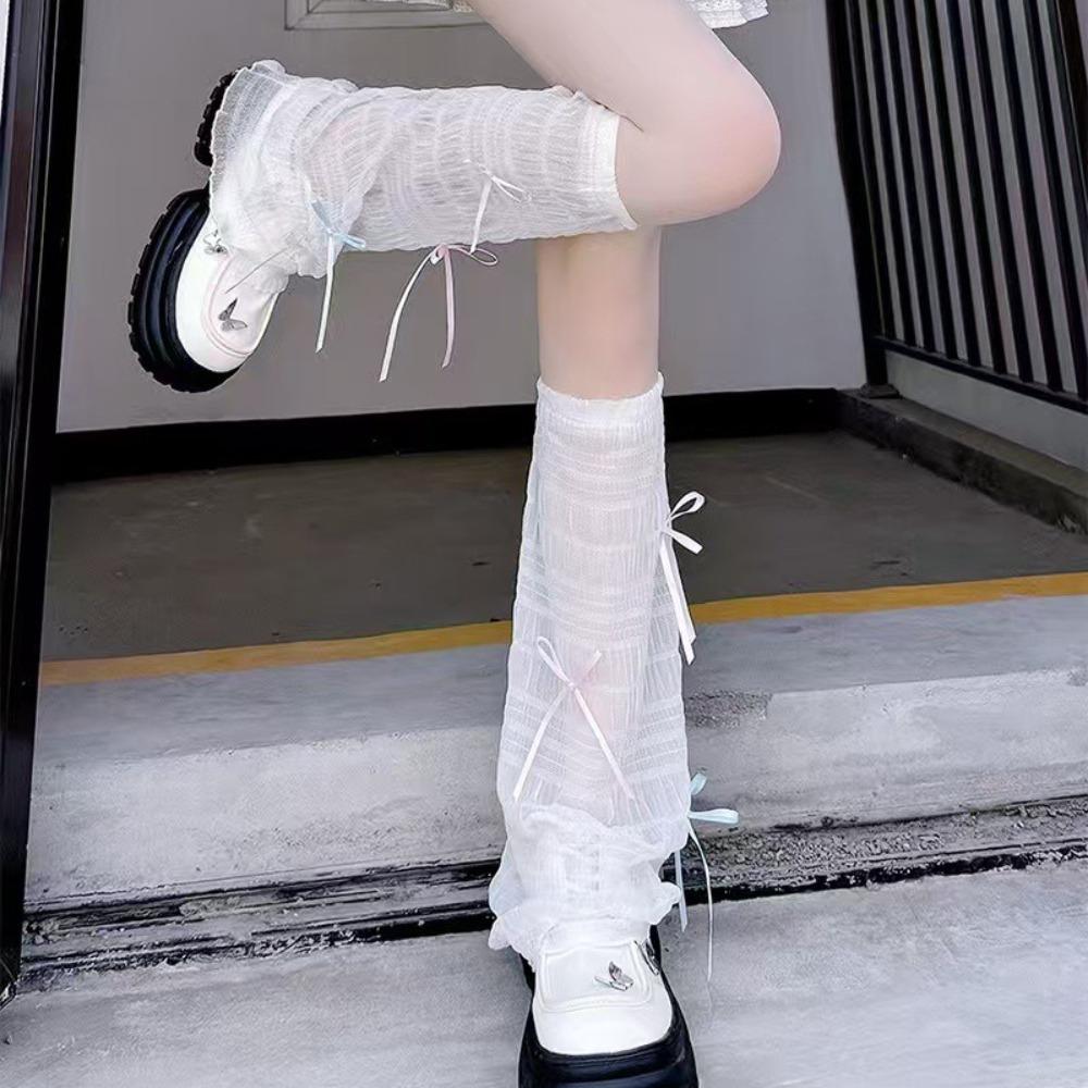 Süßer Stil Schleifen-Design Spitze Beinabdeckung Lange Socken für Damen Sommer Dünn Atmungsaktiv Weiß Kniehoch Beinwärmer Strümpfe 1 Paar