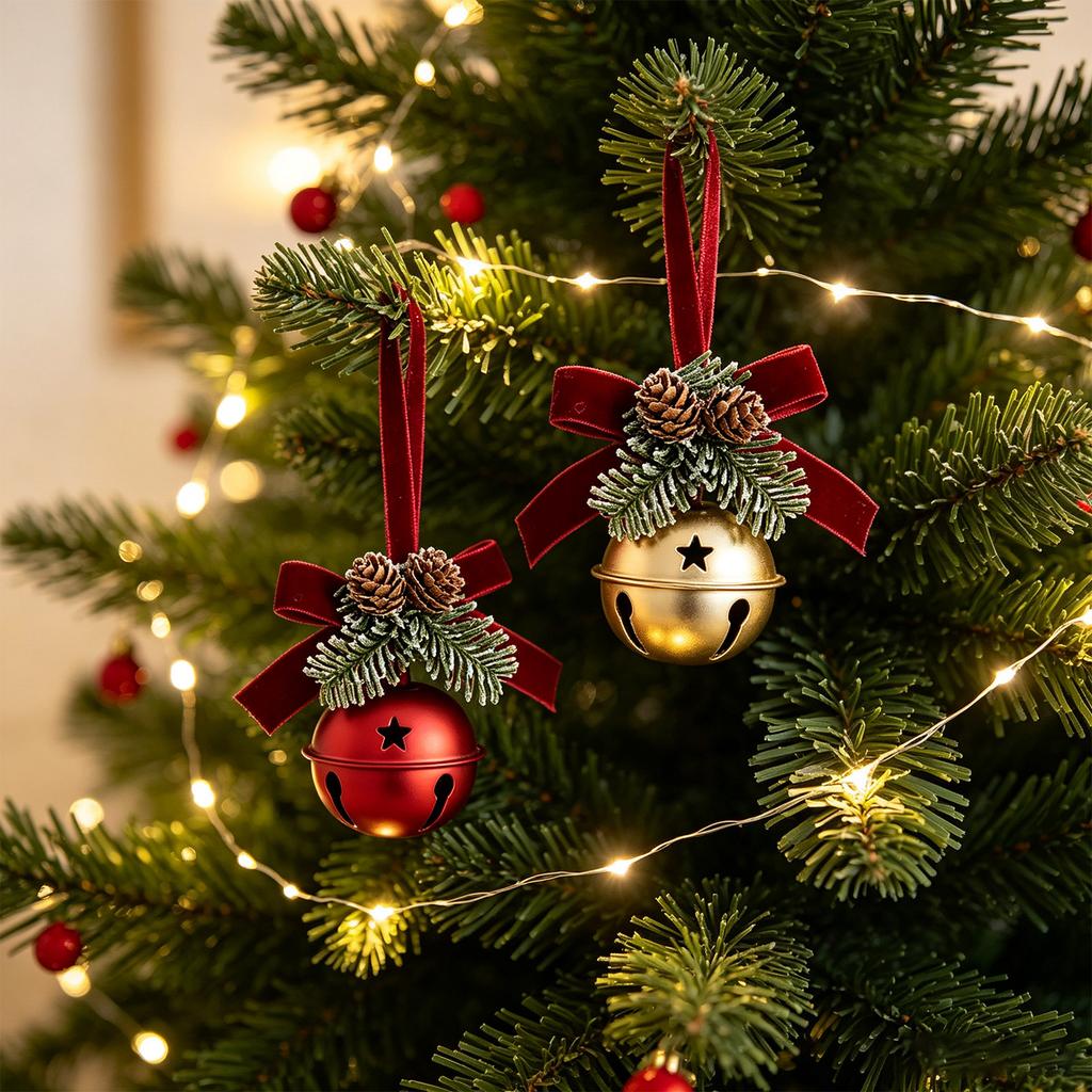 Small Christmas Tree Hanging Ornaments with Velvet, Bell and Pinecone for Holiday Scene Decor