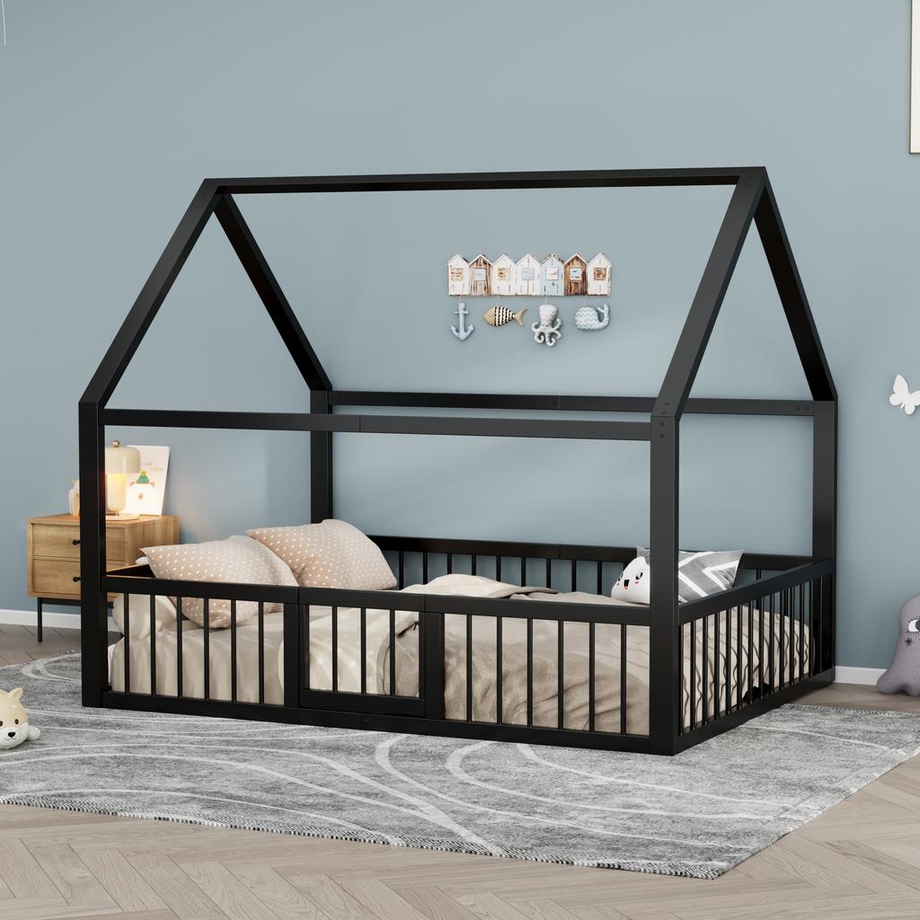 Flat bed, metal bed, 140 x 200 cm, metal bed frame, iron bed, children's bed, without mattress, house decorative trim, parapet, black