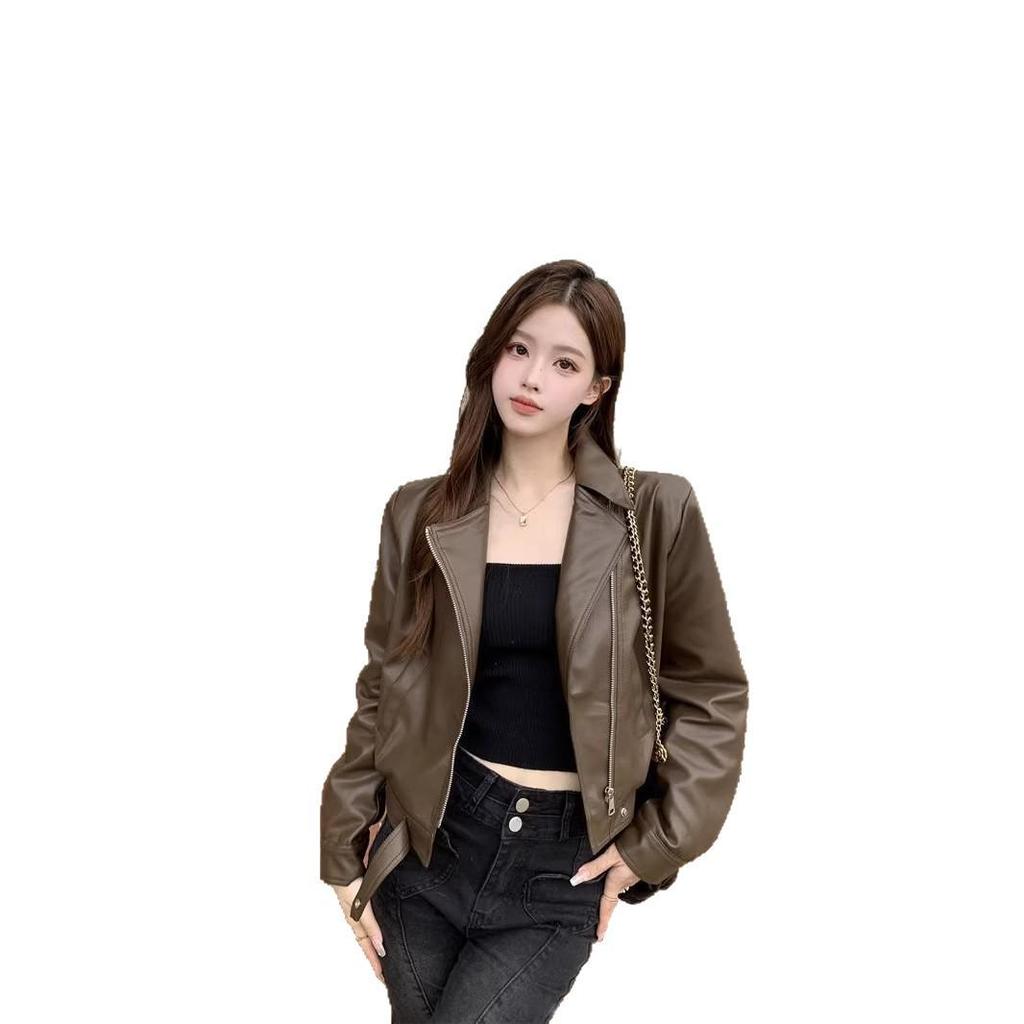 Women's Slimming PU Leather Jacket - Spring/Autumn, Lapel, Petite and Versatile Fashion