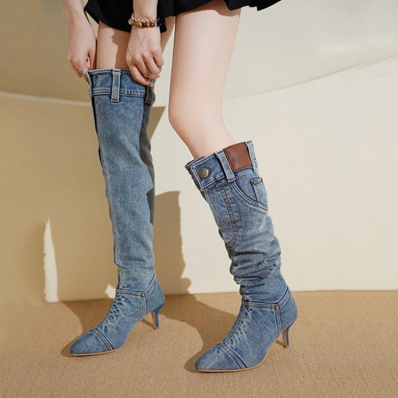 Women's Boots Fashion with Buttons Knee Boots Retro Hot Girl Blue Denim Long Boots Thin Heels Pointed Toe Pleated Women Shoes