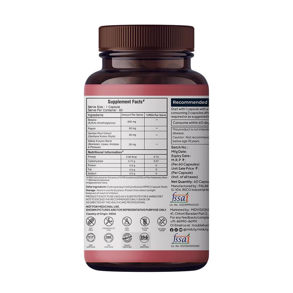 Betaine HCL + Pepsin (60 Cap), Betaine HCL + Pepsin, Miduty