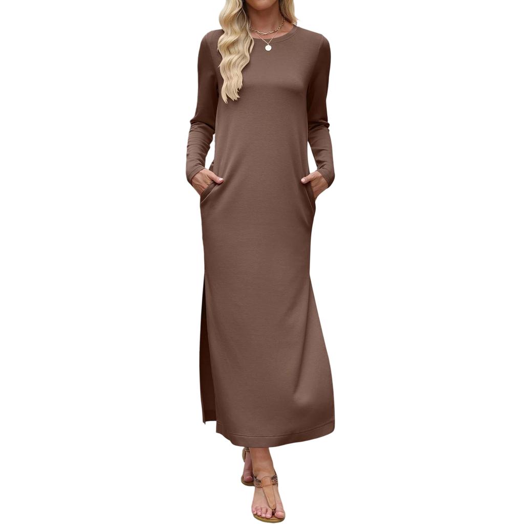 Women's Long Sleeve Solid Color Split Hem Maxi Dress with Double Pockets Straight Cut Casual Long Dress
