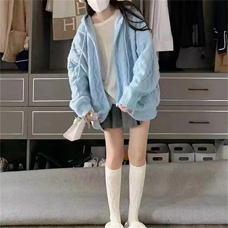 Retro Twist Jednobarevný Svetr na Zip Kardigan Podzim a Zima Volný Líný Větruodolný Pletený Kardigan s Kapucí Dámský