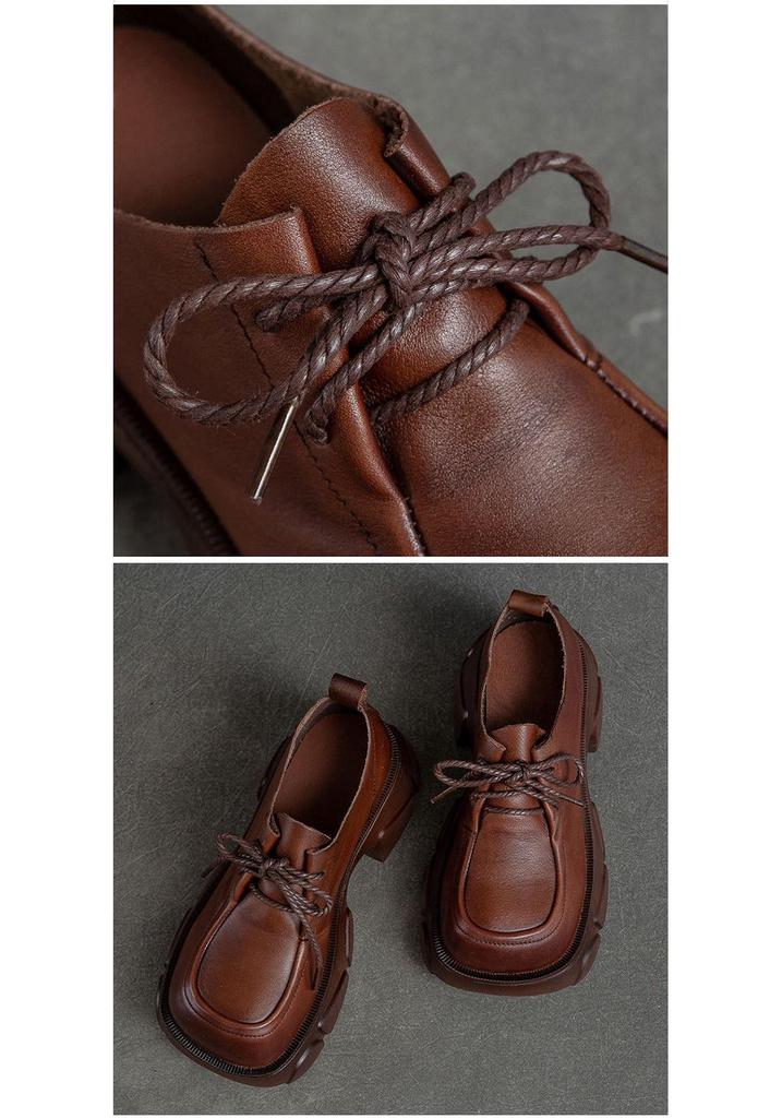 Shanghai Retro Platform Thick Sole Lace-Up Women's Loafers - Versatile, Fashionable, Height Increasing Cowhide Shoes