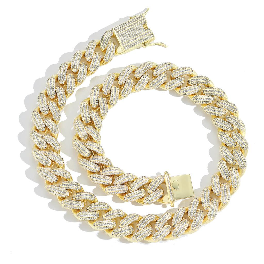 Hip Hop Mens Necklace 18mm Wide Prong Cuban Link Chain 18K Gold Plated Full Baguette Cubic Zirconia Chain