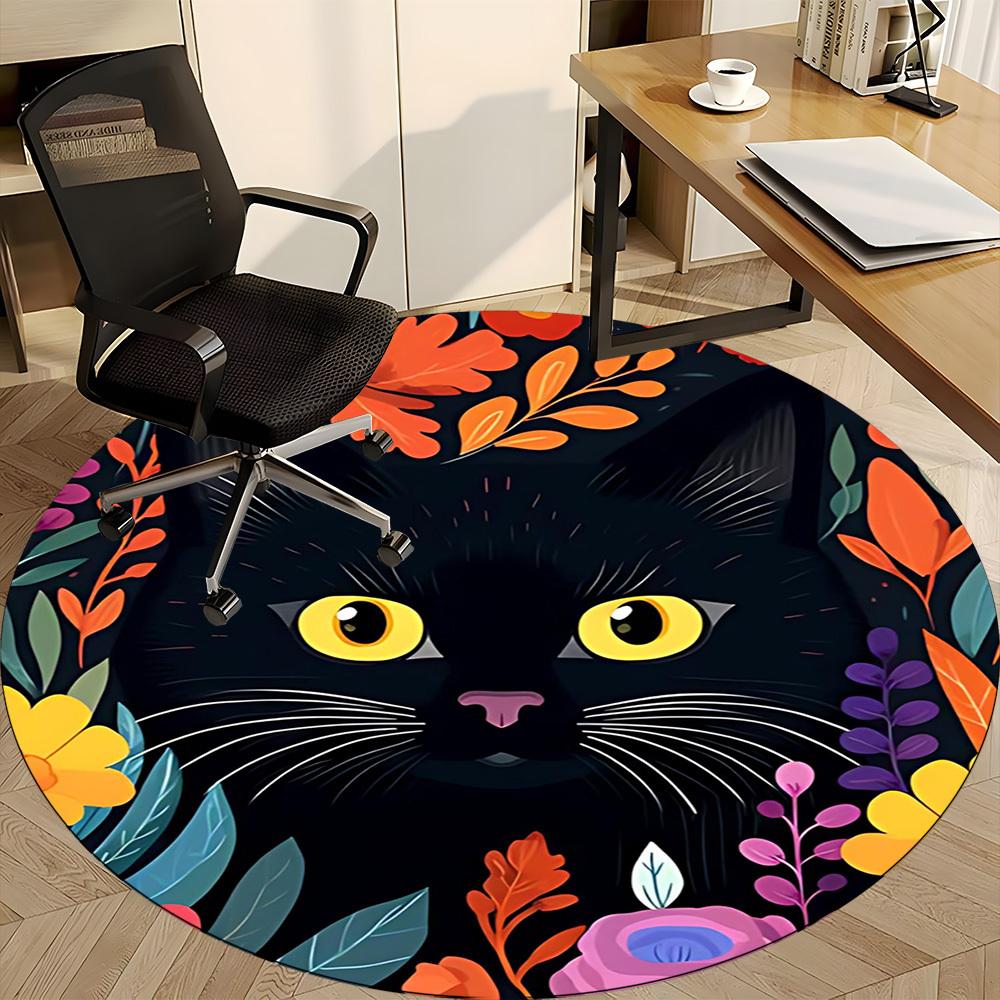 1PC Cat Flowers Office Round Area Rug, Mat Suitable For Office, Under Office Chairs Bedroom Living Room Home Decor, Room Deco