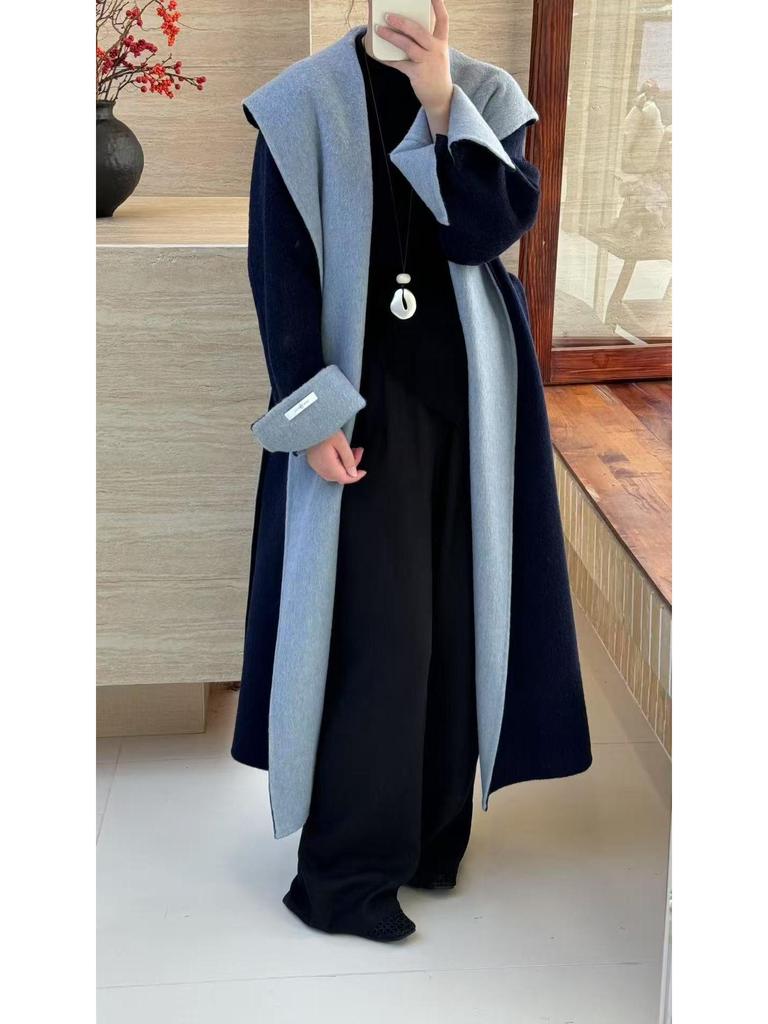 Cloud Floss Women's Double-Faced Wool Coat: Tie-Waist Hooded, Large Lapel, Loose Fit, Thickened Temperament Overcoat.