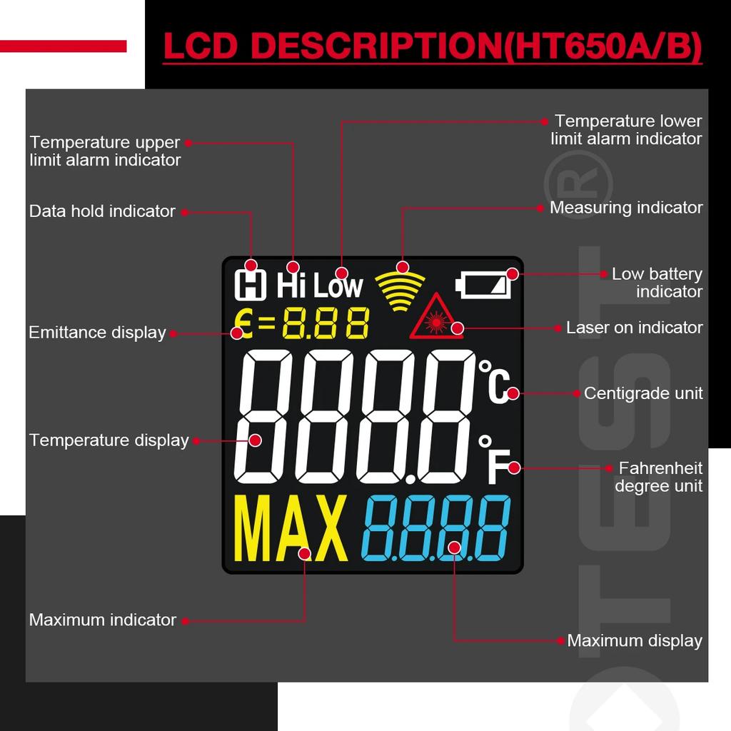 HT650 Digital Infrared Laser Temperature Non-contact Industrial Laser Temperature Meter Temperature Gun Tester