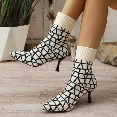 Fashion Autumn Fashion Plaid High Heel Boots Women Breathable Knitted Mesh Sock Boots Woman Pointed Toe Plus Size 36-43 Botas Ladies