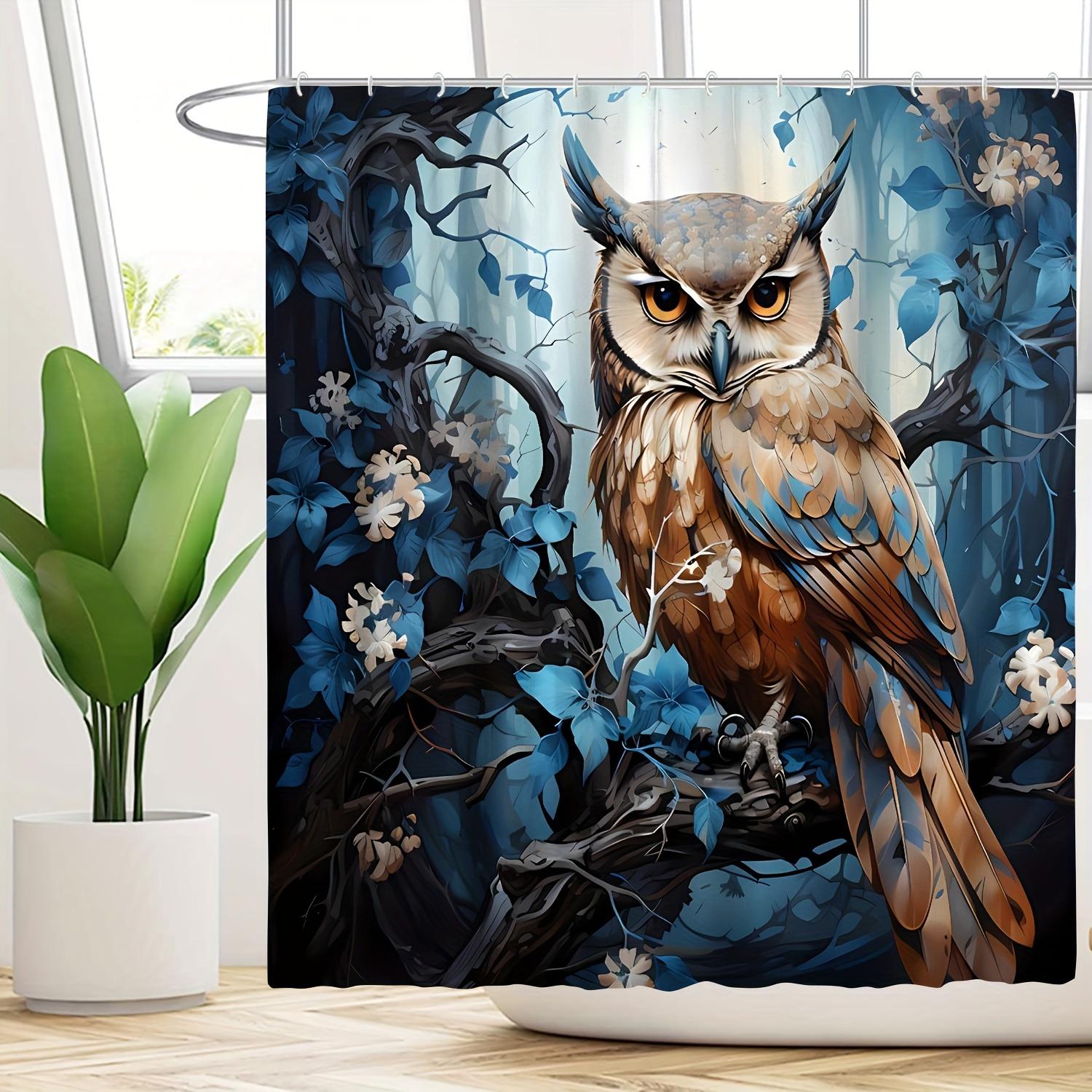 

1Pc Shower Curtain - Majestic Owl In A Mysterious Forest With Blue Leaves And Flowers Design Waterproof W60H190(CM)-1 Pcs