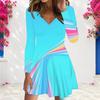 Women Plus Size V Neck Long Sleeve Printed Light Blue A Line Dress
