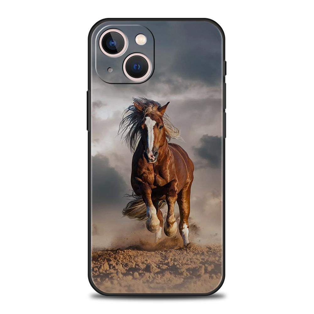 Luxury TPU Soft Phone Case For iPhone 16 11 15 14 Pro MAX 12 13 7 8 Plus X XR XS SE 2022 Black Cover Horse Animal