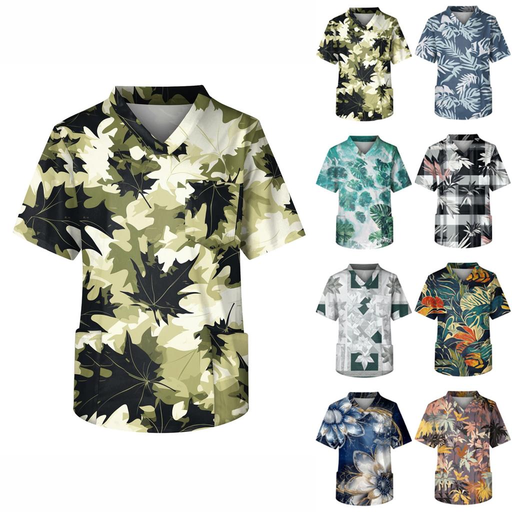 Men's Casual Short-Sleeved V-Neck Printed Front Pocket Top