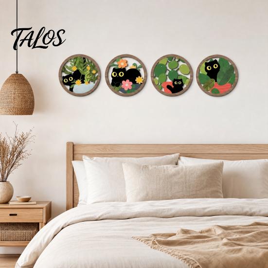 Green Plant Cat Wall Art 4Pcs/Set Plants Decorations, Farmhouse Cartoon Wooden Sign Kitten with Round Frame, Rustic for Living Room Decoration