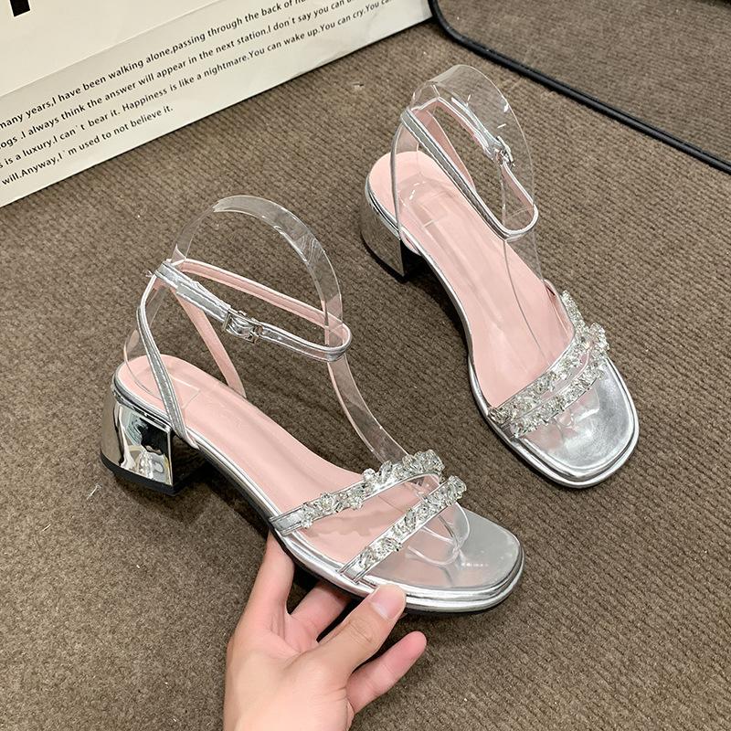 Internet celebrities with the same rock sugar fairy~ French rhinestone word with open-toed thick high-heeled sandals female 2025 summer new
