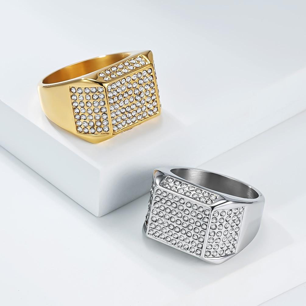 Hiphop Stainless Steel Shinny Zircon Ring for Men Gold Plated Jewelry