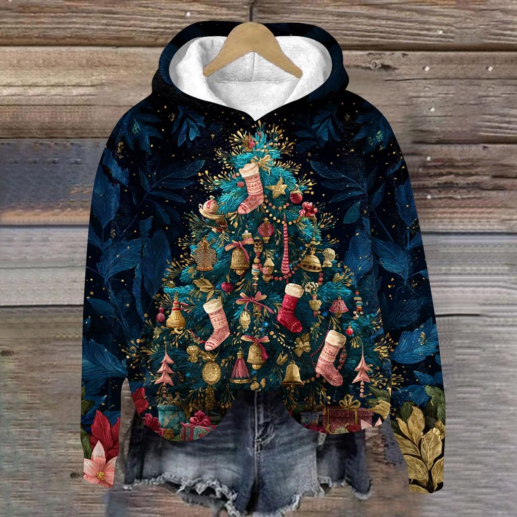 Women's Fashion Long Sleeve Christmas Print Loose Hooded Sweatshirt Top