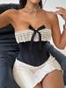 Lace Trim Strapless Boned Corset Top with Tie Back and Criss-Cross Straps