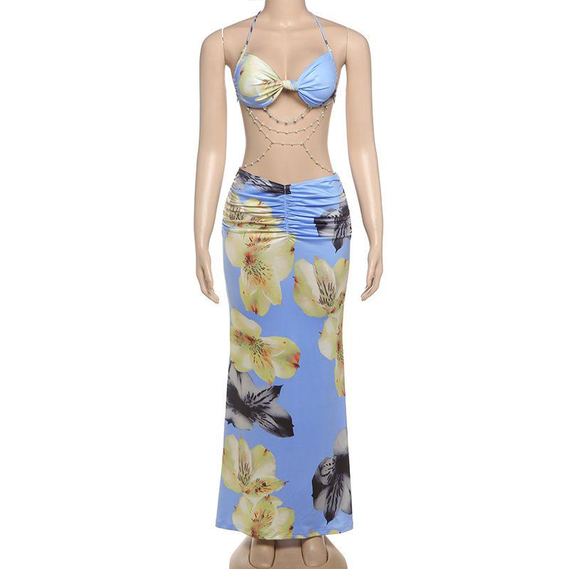 

Western Style Ins New Fashion Hanging Neck Lace-up Bead Necklace Decoration Slim fit Long dress Sexy Backless Sheath Dress Blue L