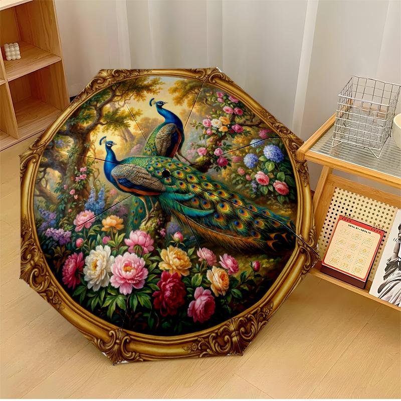 

Oriental Peacock and Flowers Printed umbrella windproof folding umbrella portable sun and rain umbrella suitable for gifting
