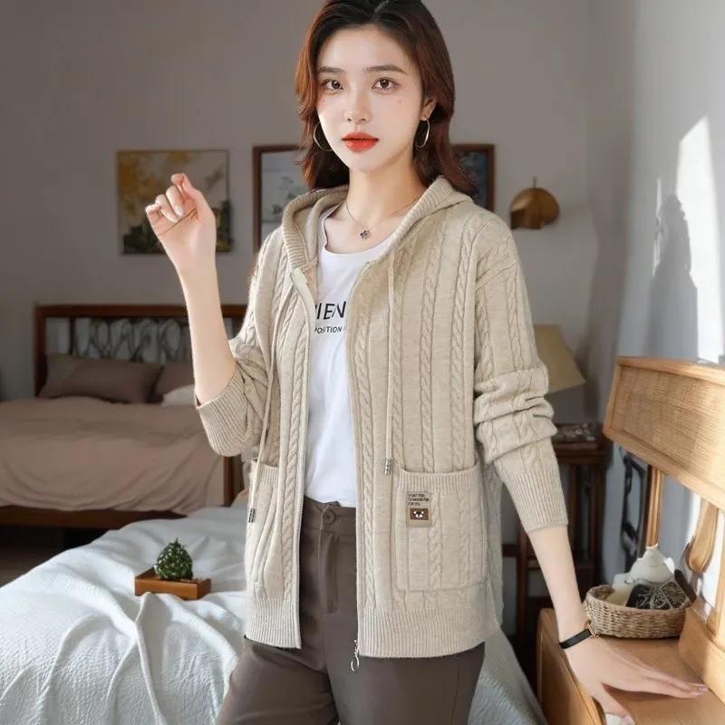 Fashion Korean Cardigan Sweater Jacket Women Hooded Loose Zipper Sweater Female Elegant Knitwear Overcoat Tops