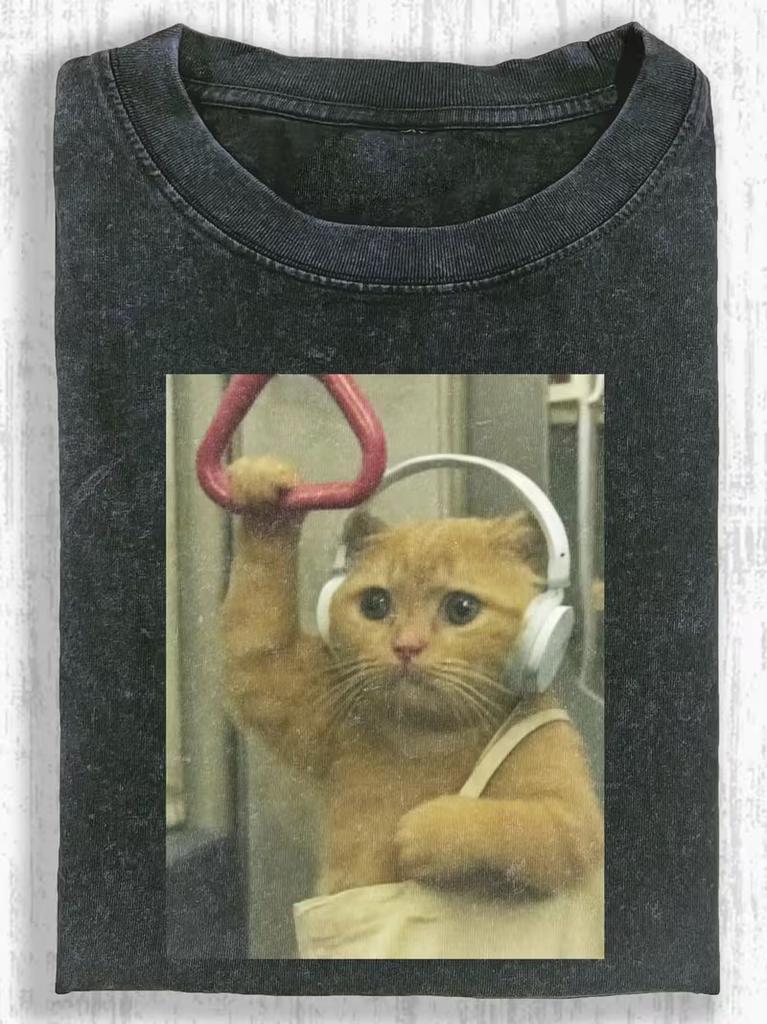 Funny Orange Cat Subway Headphones Meme TShirt Vintage Distressed Cute Kitten Commute Novelty Tee Casual Short Sleeve Tops