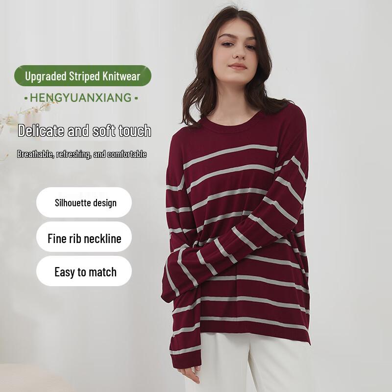 Hengyuanxiang Women's Classic Striped Round Neck Knit Sweater