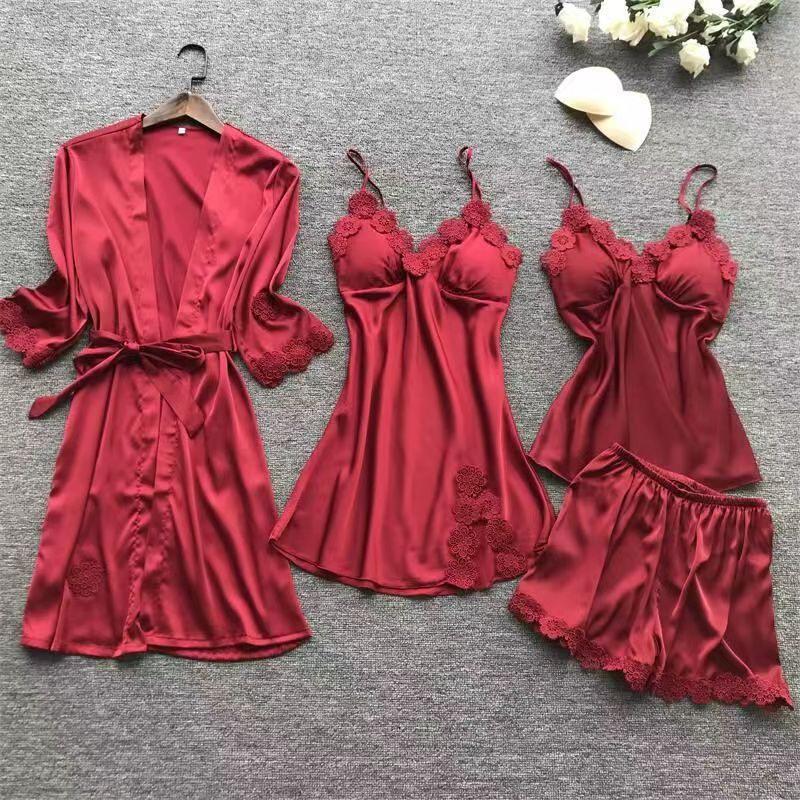 European and American Sexy Pajamas Set: Camisole with Chest Pads, Women's Homewear Robe, and Bathrobe - Four-Piece Set