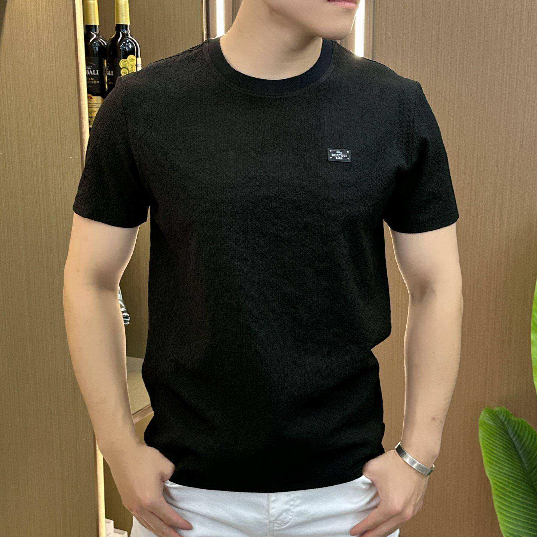 Men s Trendy Summer Ice Silk Quick-Dry Textured Round Neck T-Shirt L