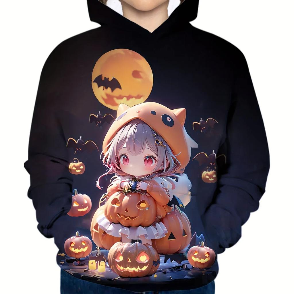 Girl's Cute Anime Girl and Cat 3D Pattern Trendy Hoodie Loose Casual Comfy Tops Hooded Sweatshirts for Kids Fall Winter Clothing
