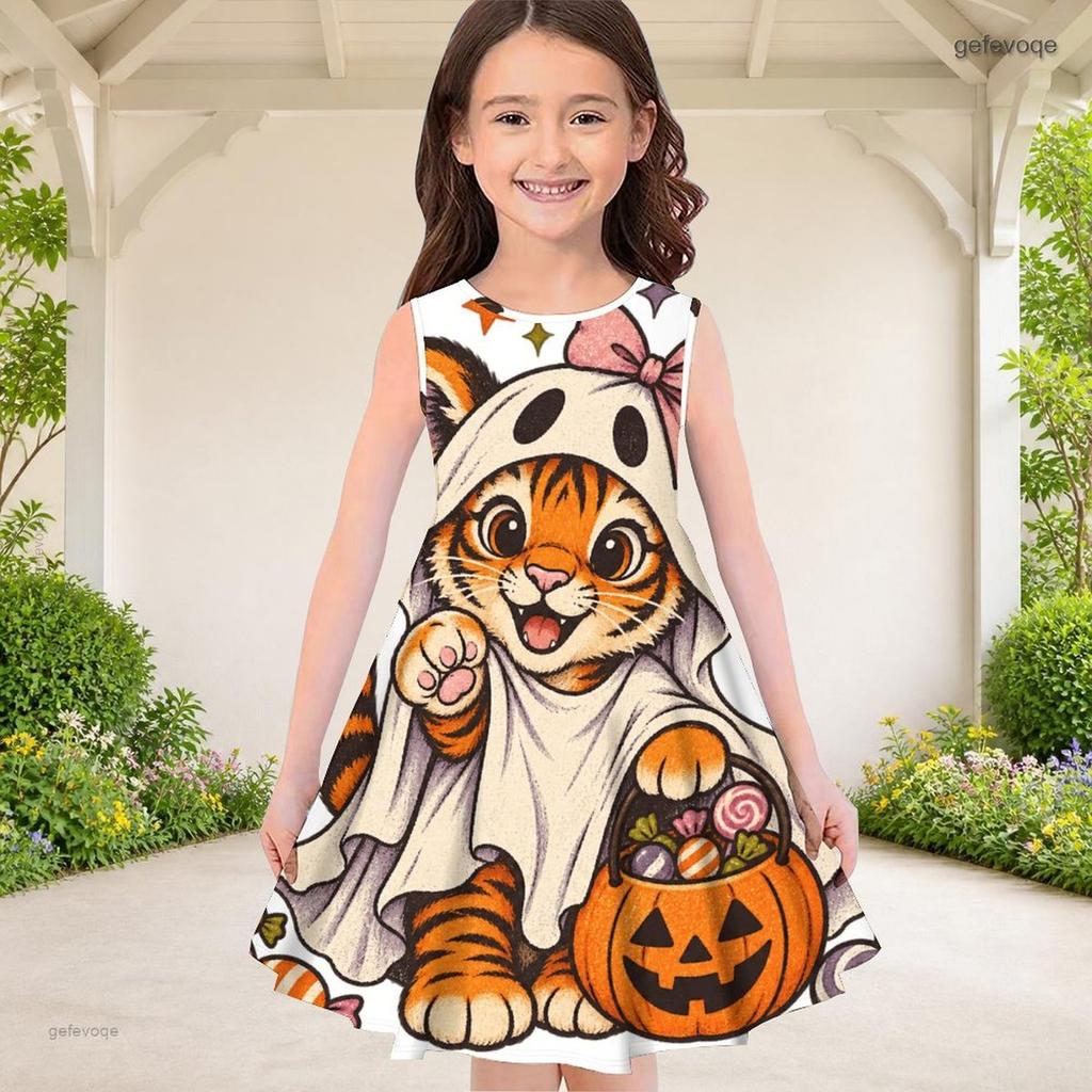 Girls Round Neck Sleeveless Printed A Line Flared Hem Dress