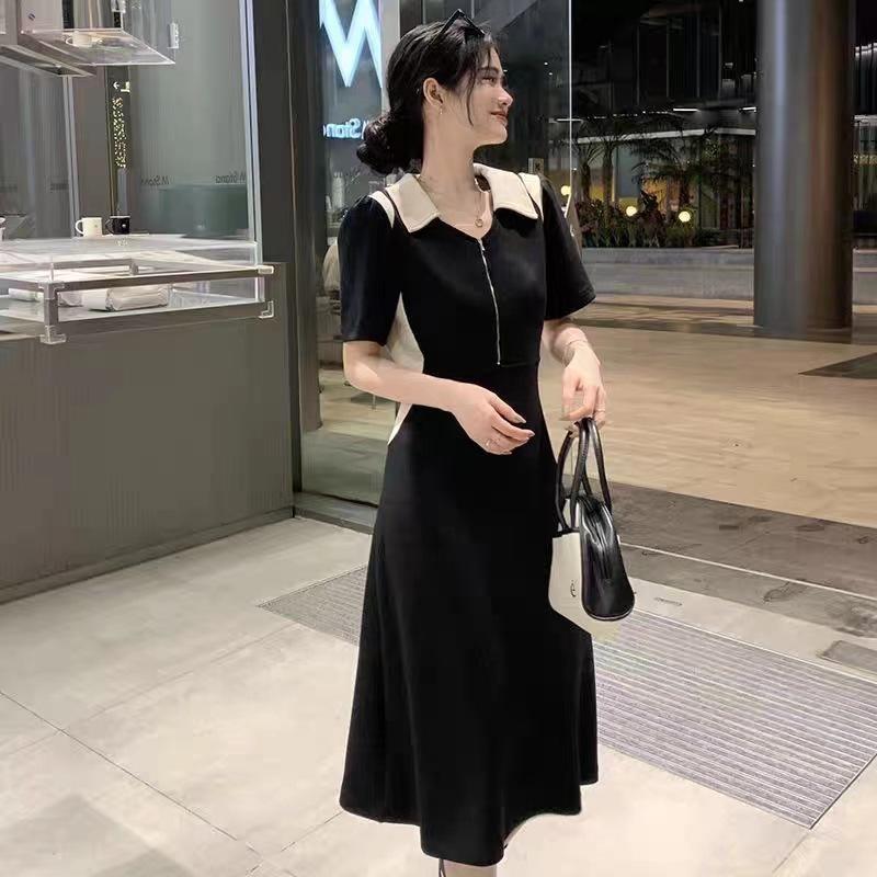 Summer New Large Size Polo Collar Niche Design Sense Contrasting Color Waist Fat Mm Catties Meat Cover Thin Dress