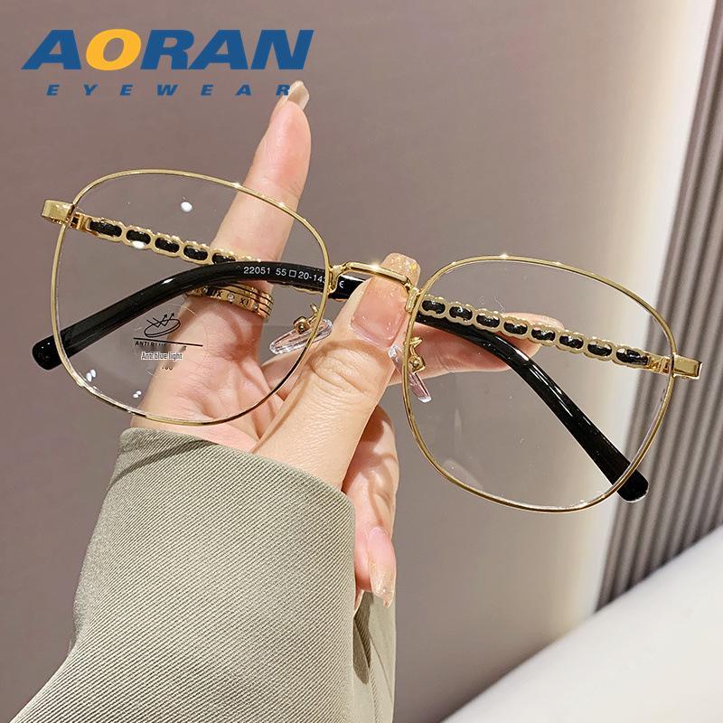 Trendy Women's Anti-Blue Light Metal Frame Glasses - Large, Fashionable, Plain Face Style