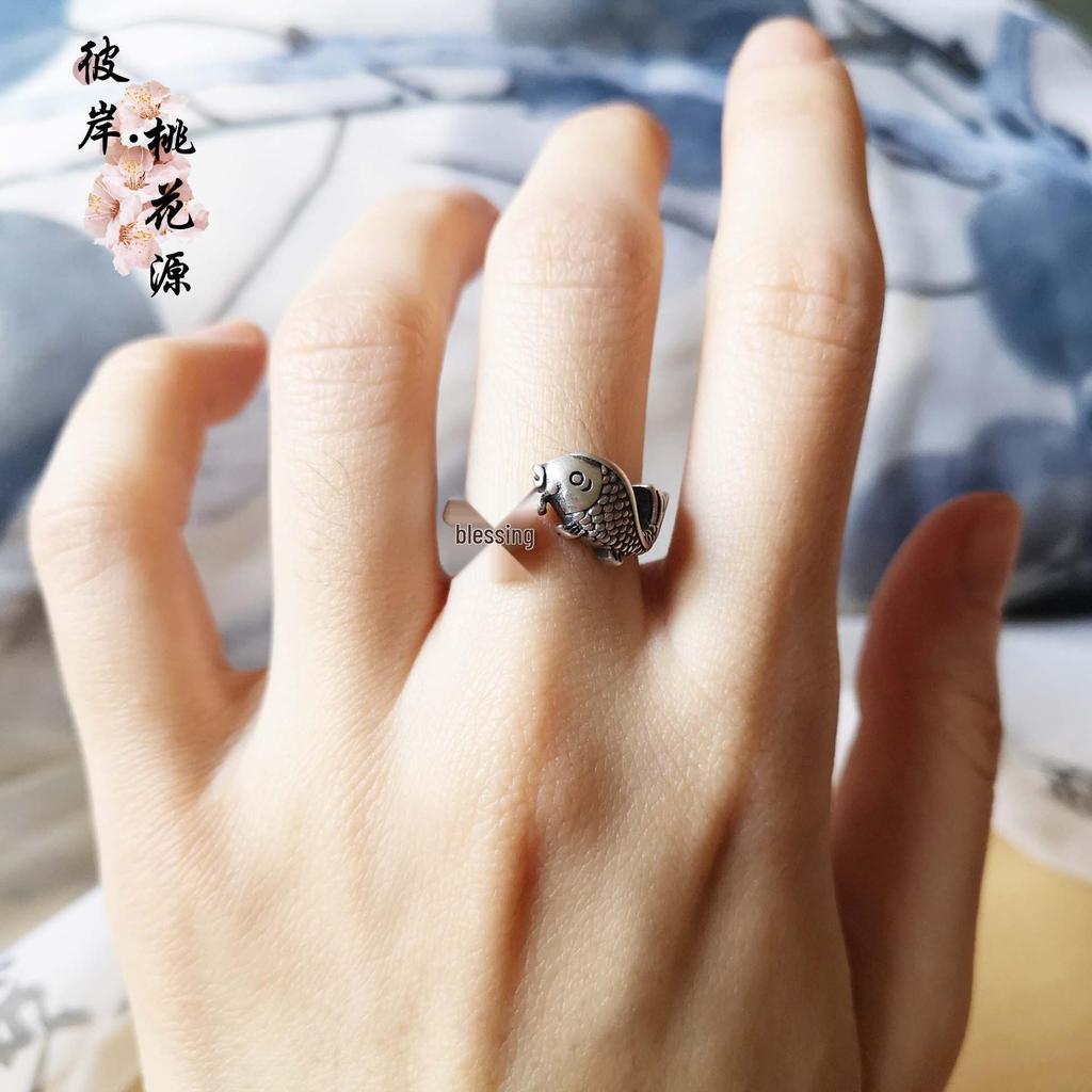 S925 Silver Koi & Fu Symbol Ring: Ethnic Style for Women, Inspires Good Fortune
