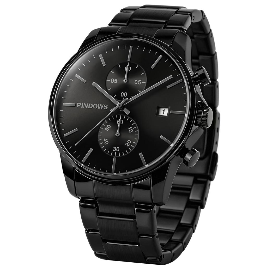 PINDOWS Mens Watch Black - Simple Stainless Steel Chronograph Business Date Display