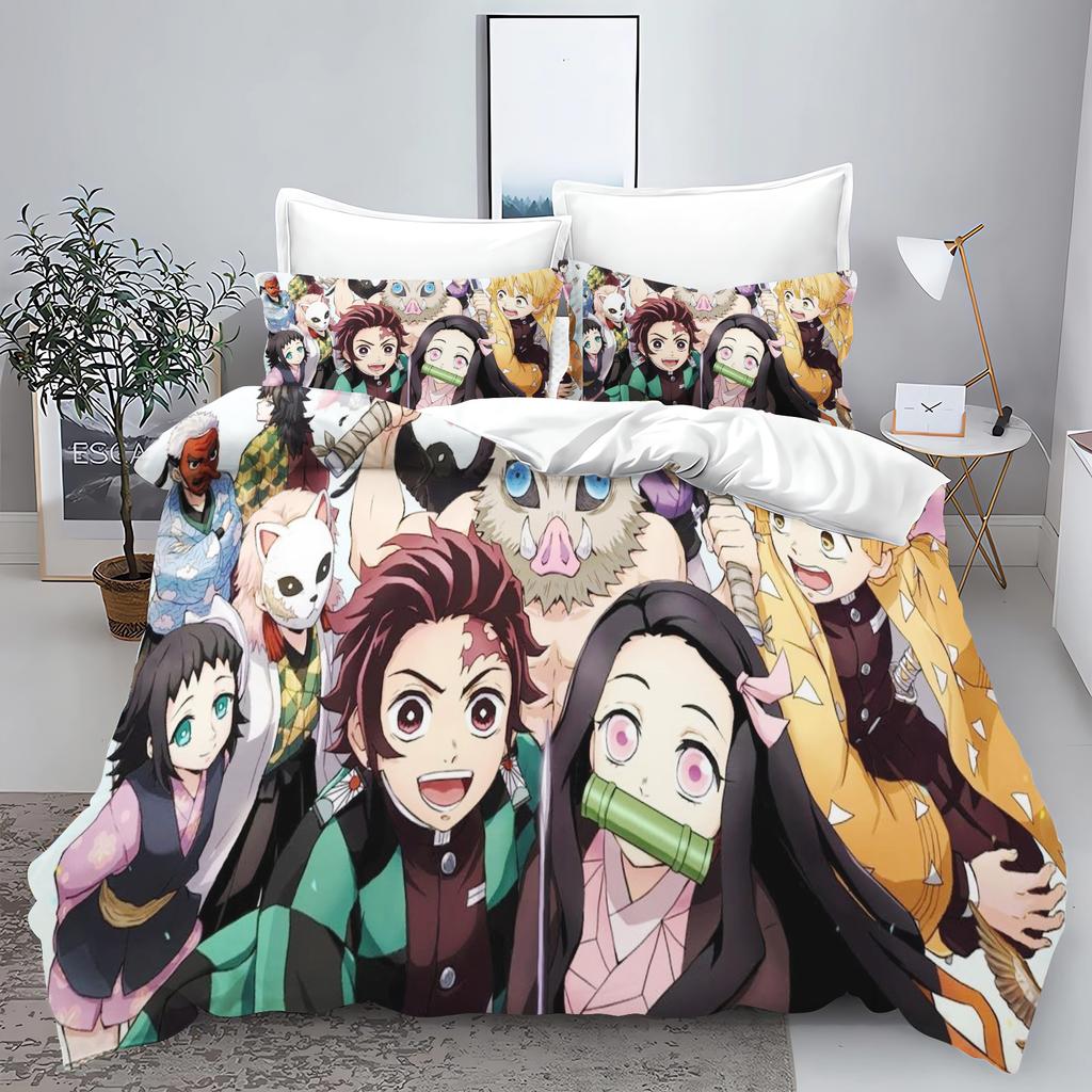 Demon slakter: Kimetsu no Yaiba kamado Nezuko Anime 100% Polyester Sengetøy Sett Dynetrekk Sett Trykt Tegneserie Hjemmeinnredning