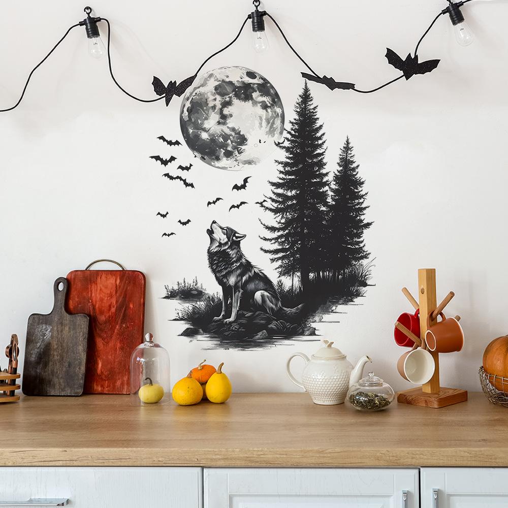 Powerful Lone Wolf Jungle Moon Bedroom Living Room Home Background Beautification and Decoration Wall Stickers