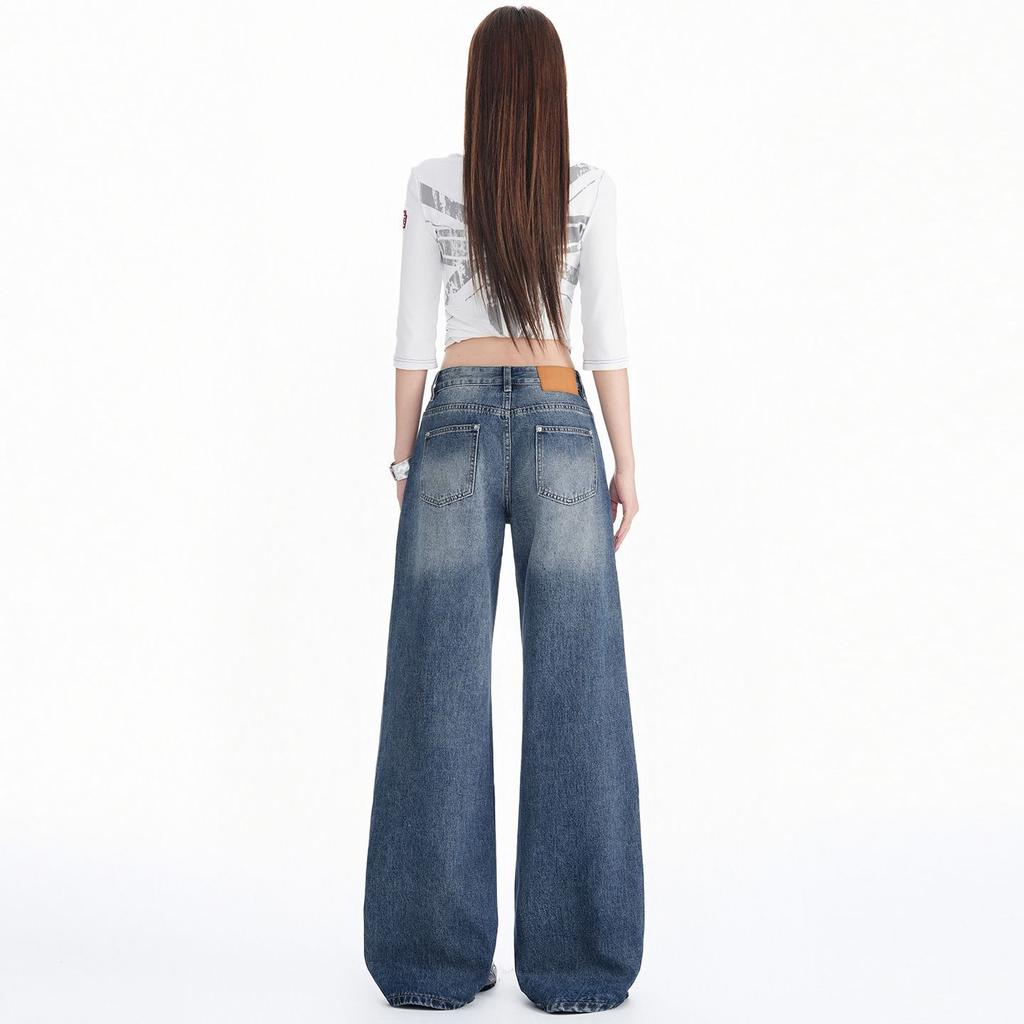Retro American Jeans Women's Autumn Old Crease New Loose High Waist Skinny Versatile Mopping Wide Leg Pants Tide