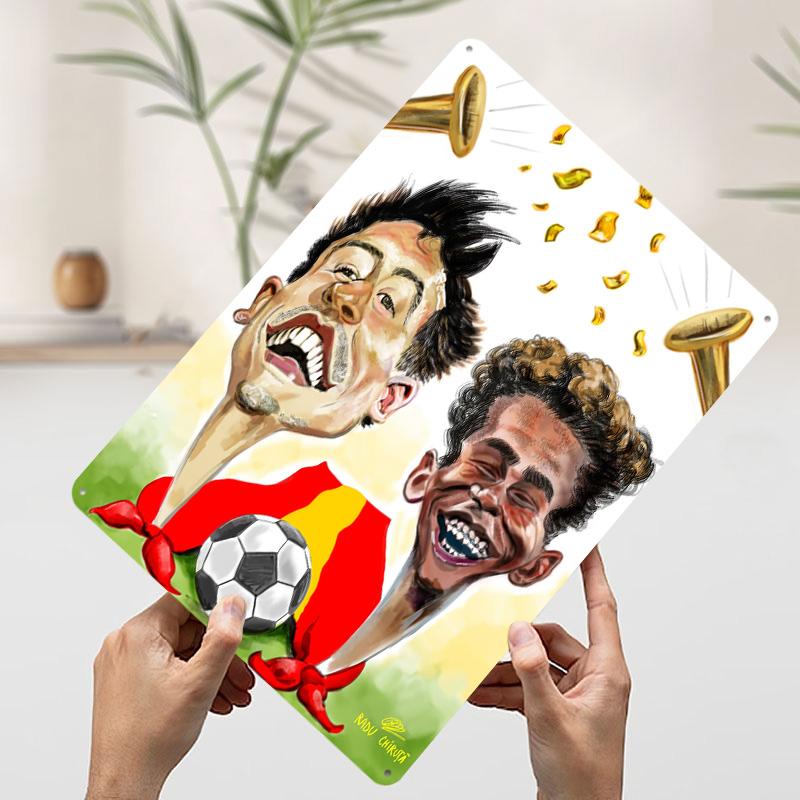 Caricature of Two Soccer Players Tin Plaque Poster Customized Wall Art Retro Vintage Metal Signs for Room Bedroom Decoration 7.9x11.8In(20x30cm)
