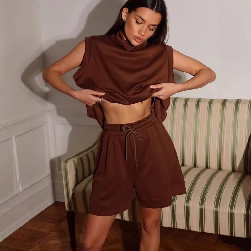 

New Women s Casual Sports Style Sleeveless Pile-collar Top Lacing Shorts Two-piece Set S коричневый